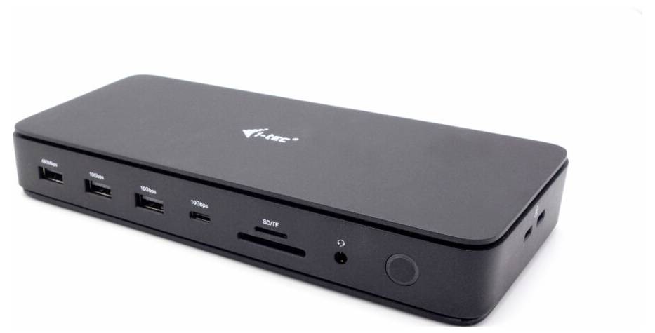 Station d'accueil noire avec plusieurs ports, comprenant des ports USB, des connexions HDMI et un lecteur de carte SD, sur fond blanc.