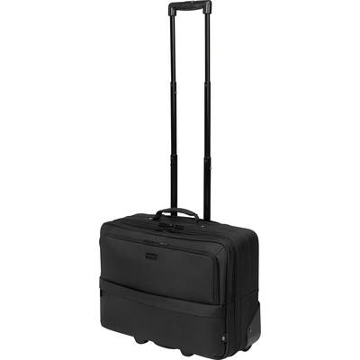 Valise à roulettes noire avec poignée télescopique, poches avant, design robuste.
