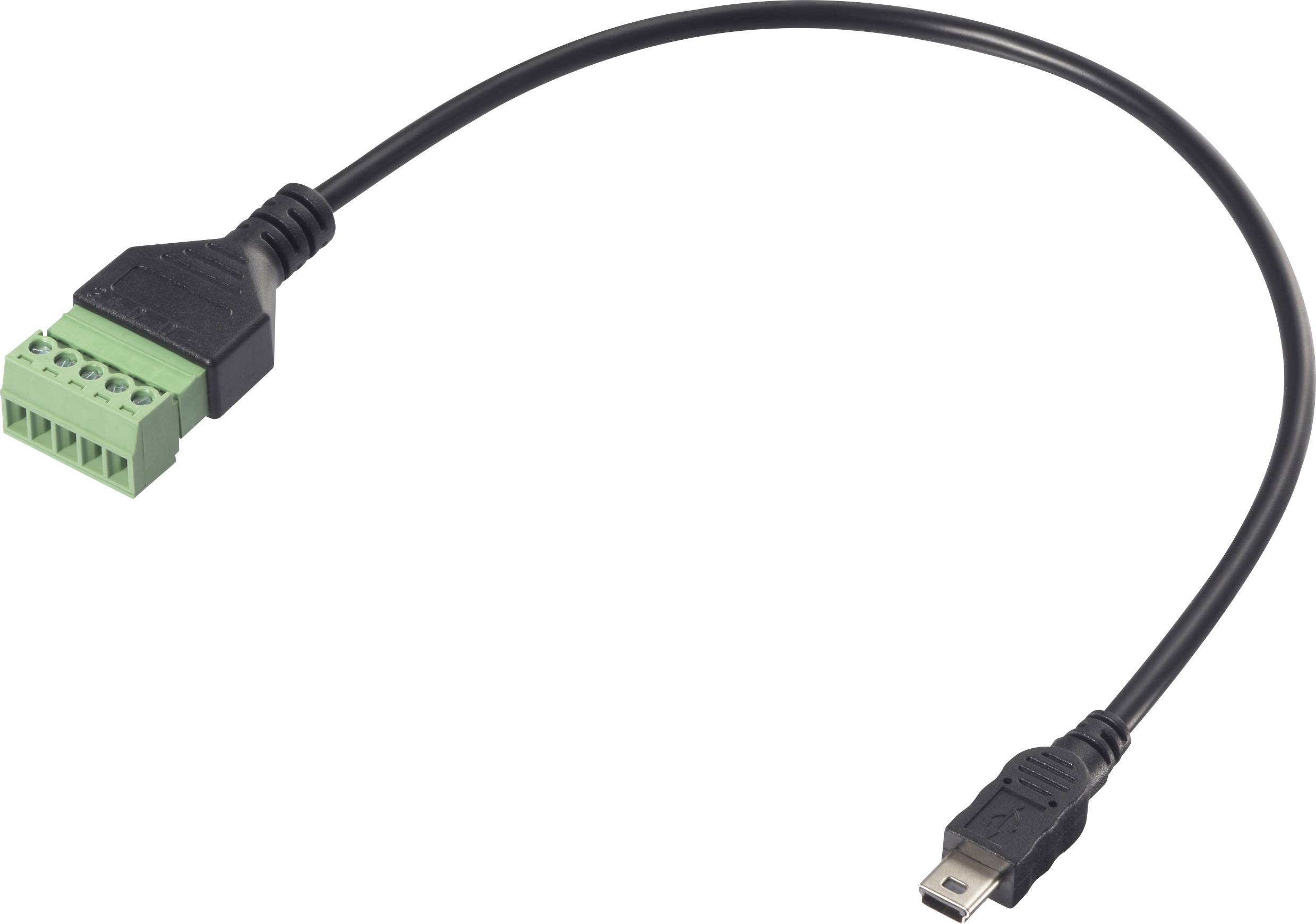 Un câble noir avec une fiche verte à gauche et un port USB à droite.