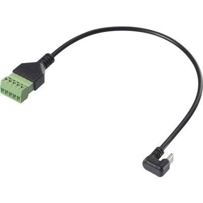 Un câble noir avec une fiche USB-C à angle droit à une extrémité et un connecteur de bloc de terminaison vert à l'autre extrémité.