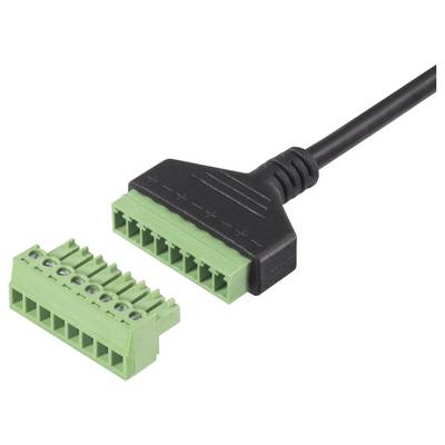 'Connecteur vert avec bornes à vis. Câble noir avec embout de connexion adapté. Utilisé pour les connexions électriques.'