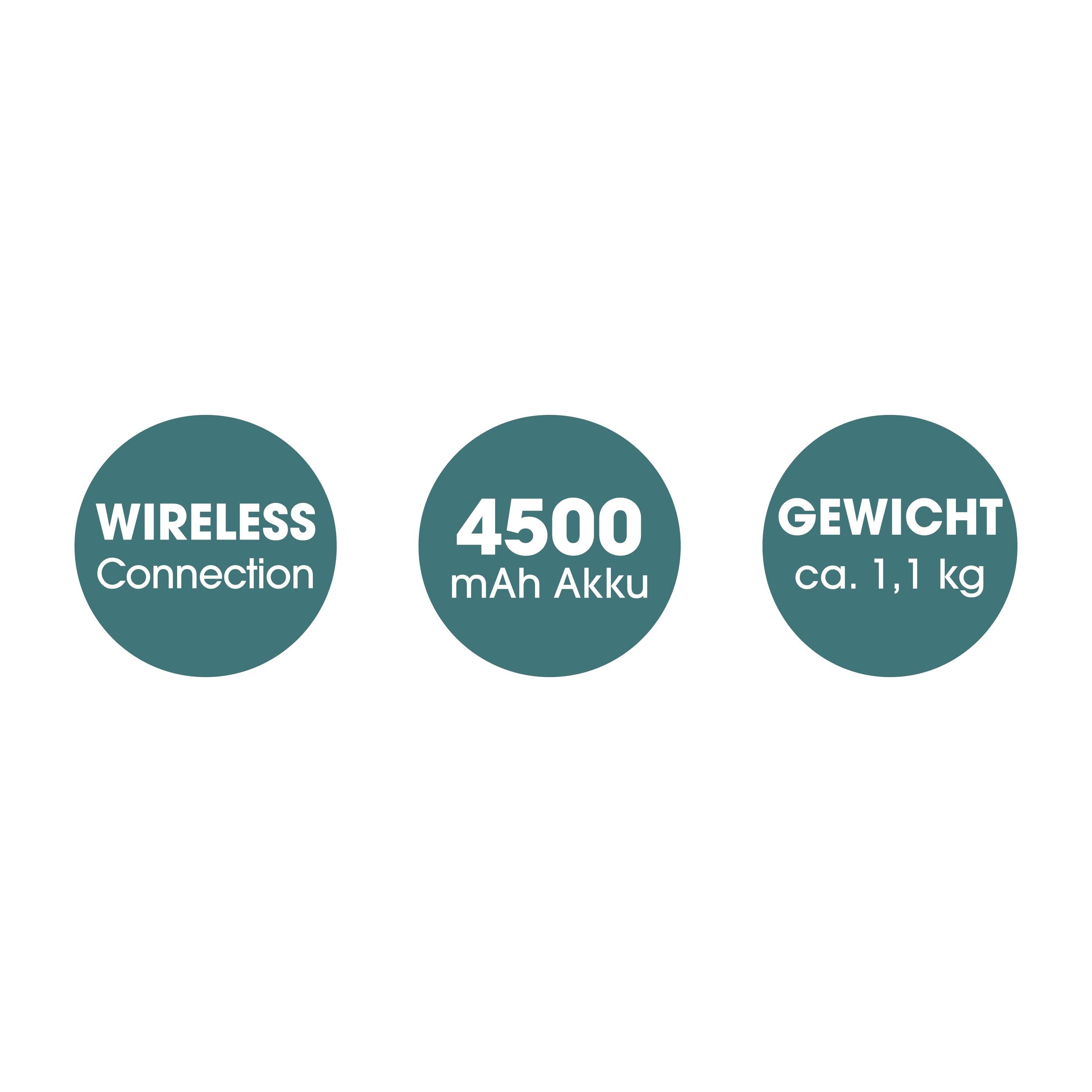 'Connexion sans fil', 'Batterie 4500 mAh', 'Poids d'environ 1,1 kg' - Ces indications transmettent les caractéristiques principales d'un appareil technique.