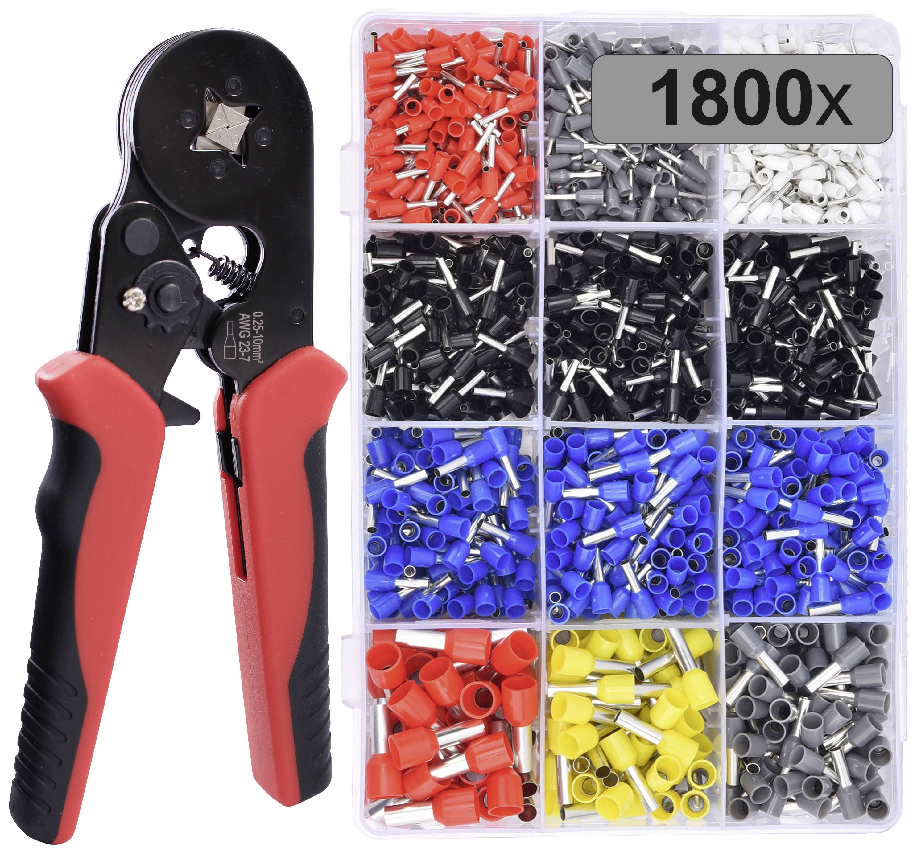 Pince à sertir avec poignées en plastique et boîte d'assortiment contenant 1800 cosses électriques isolées de différentes couleurs et tailles.