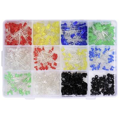 Différentes LED de couleurs et éléments en plastique noir dans un bac de rangement. Chaque couleur dispose de son propre compartiment.