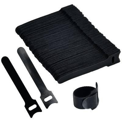 Un ensemble de bandes auto-agrippantes noires de différentes longueurs. Idéal pour regrouper les câbles et organiser les appareils électroniques.