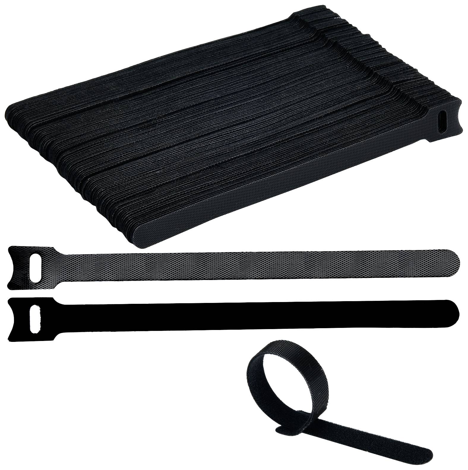 Attaches-câbles noirs en matériau à fermeture velcro dans différents états d'utilisation : empilés, individuels et fermés.