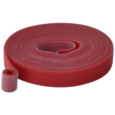 Rouleau de ruban auto-agrippant rouge, déroulé et partiellement déplié sur le côté, sur un fond blanc.