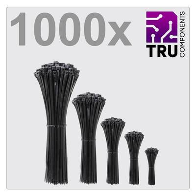 'TRU Components 1000x Colliers de câble de différentes tailles' montre cinq paquets de colliers de câble noirs, allant du petit au grand.