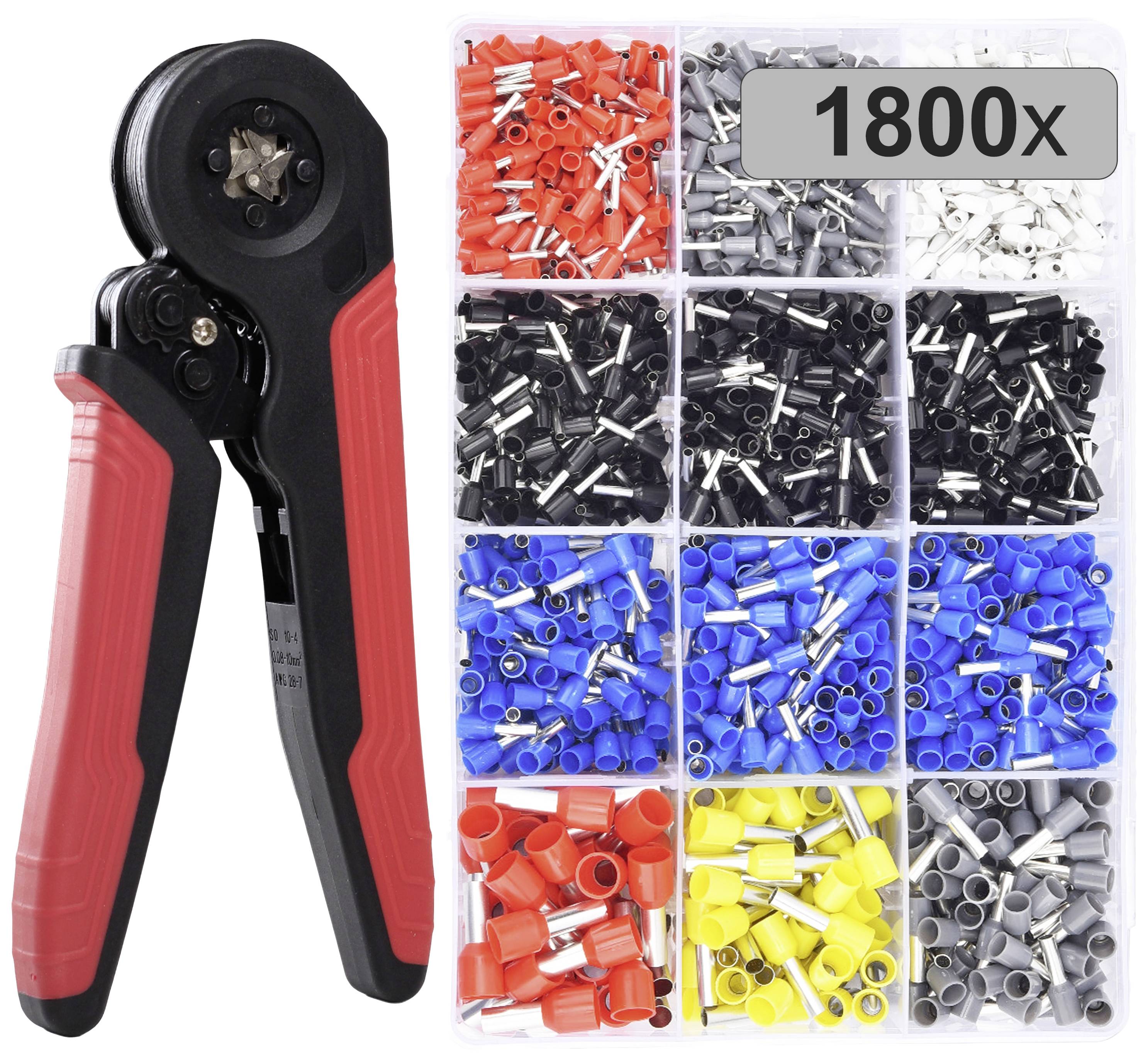 Pince à sertir avec 1800 embouts de câble de couleur dans un boîtier. Les couleurs comprennent le noir, le bleu, le rouge, le jaune et le gris.
