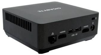 Un mini-ordinateur noir doté de plusieurs ports à l'arrière, incluant HDMI et USB/DP.