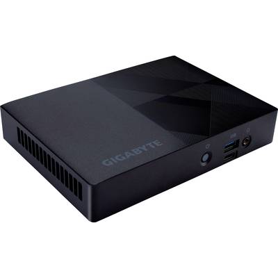 Mini-PC compact noir de Gigabyte avec des fentes de ventilation sur les côtés et des ports USB et audio à l'avant.