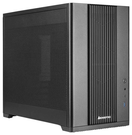 Un boîtier d'ordinateur noir avec une grille de ventilation latérale et des ports frontaux, incluant un port USB et des prises audio.