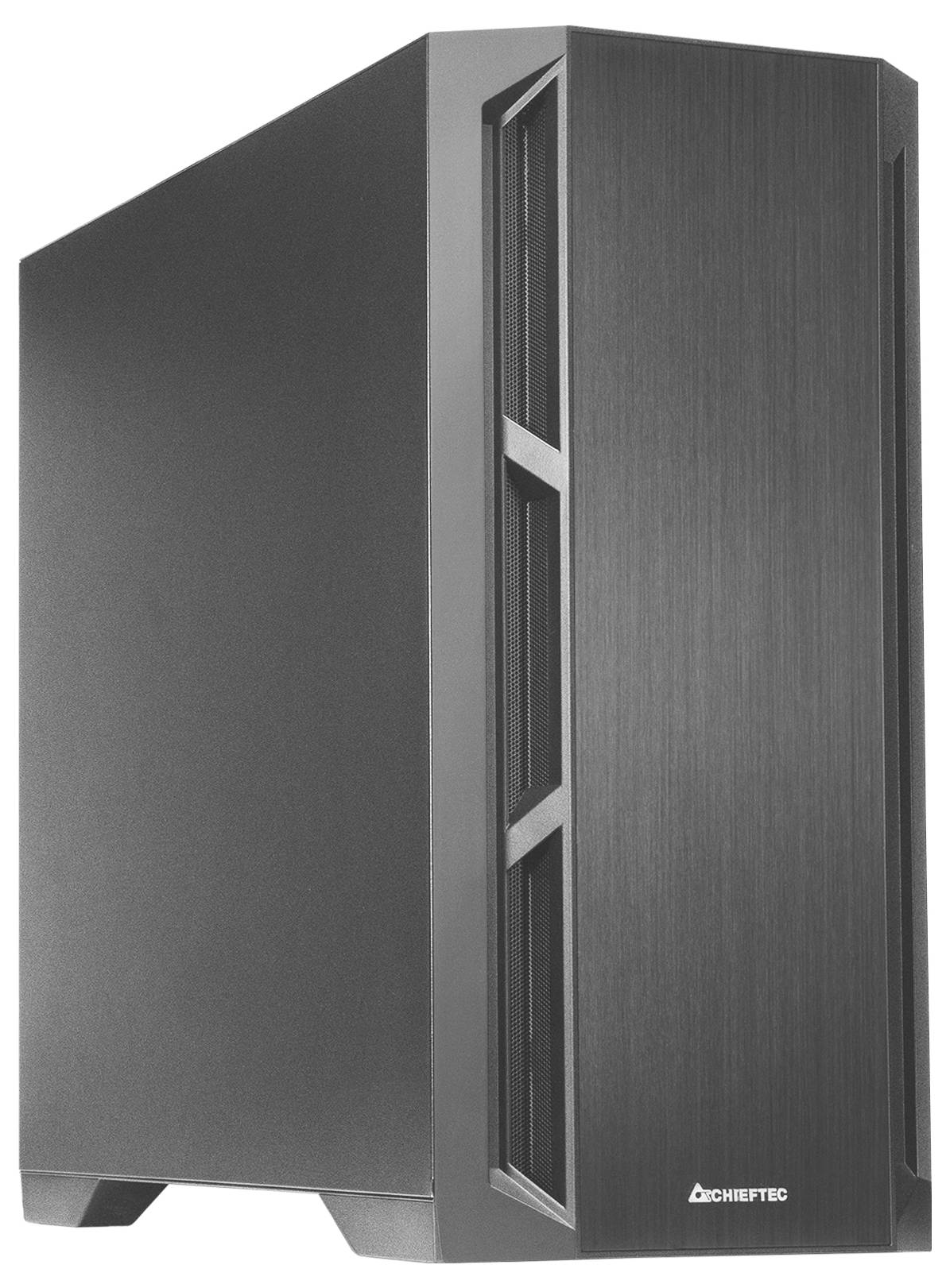 Un boîtier PC noir au design moderne avec un look minimaliste et une grille de ventilation latérale.