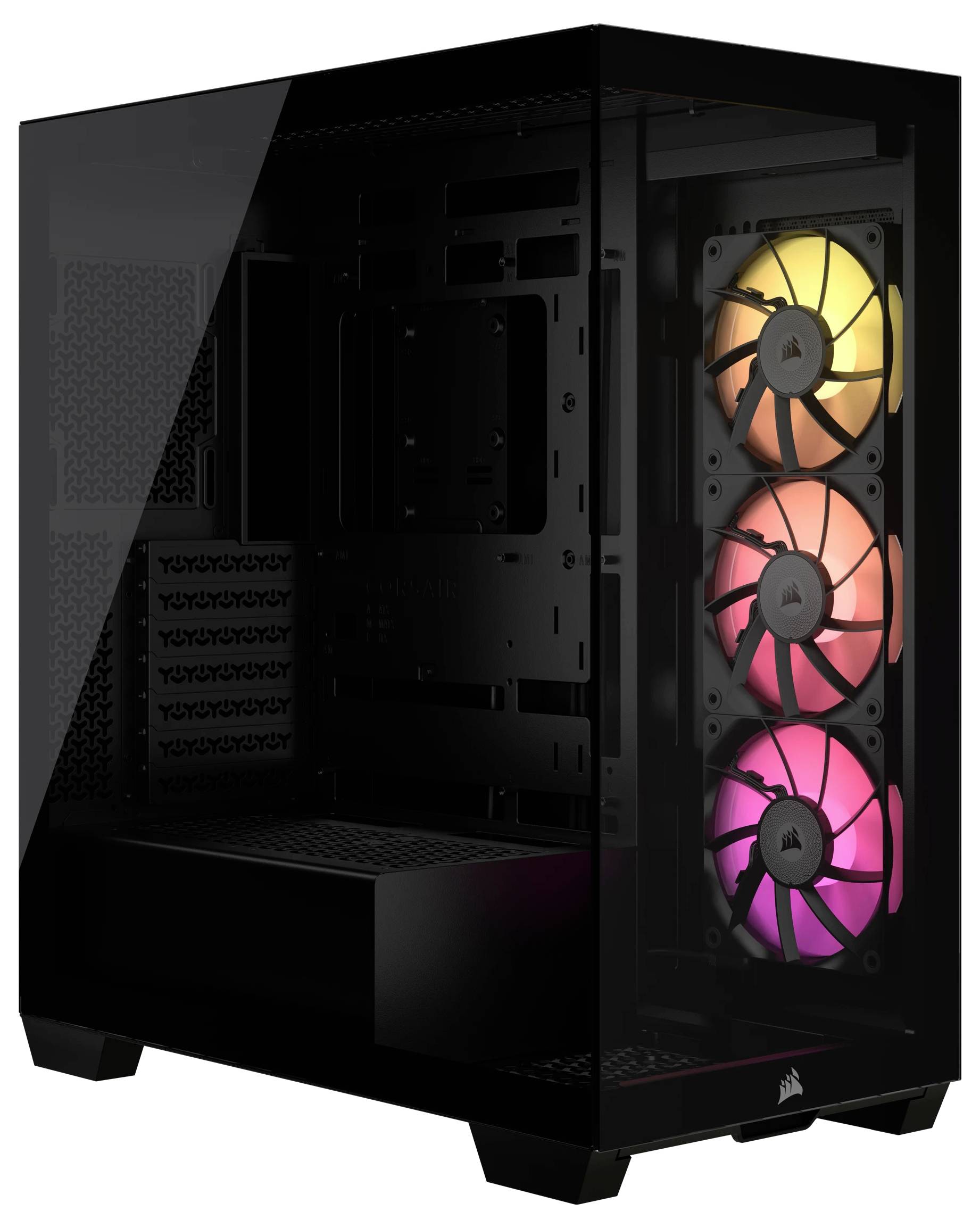 Un boîtier PC noir avec trois ventilateurs LED colorés disposés verticalement sur la façade. Côté du boîtier en verre.