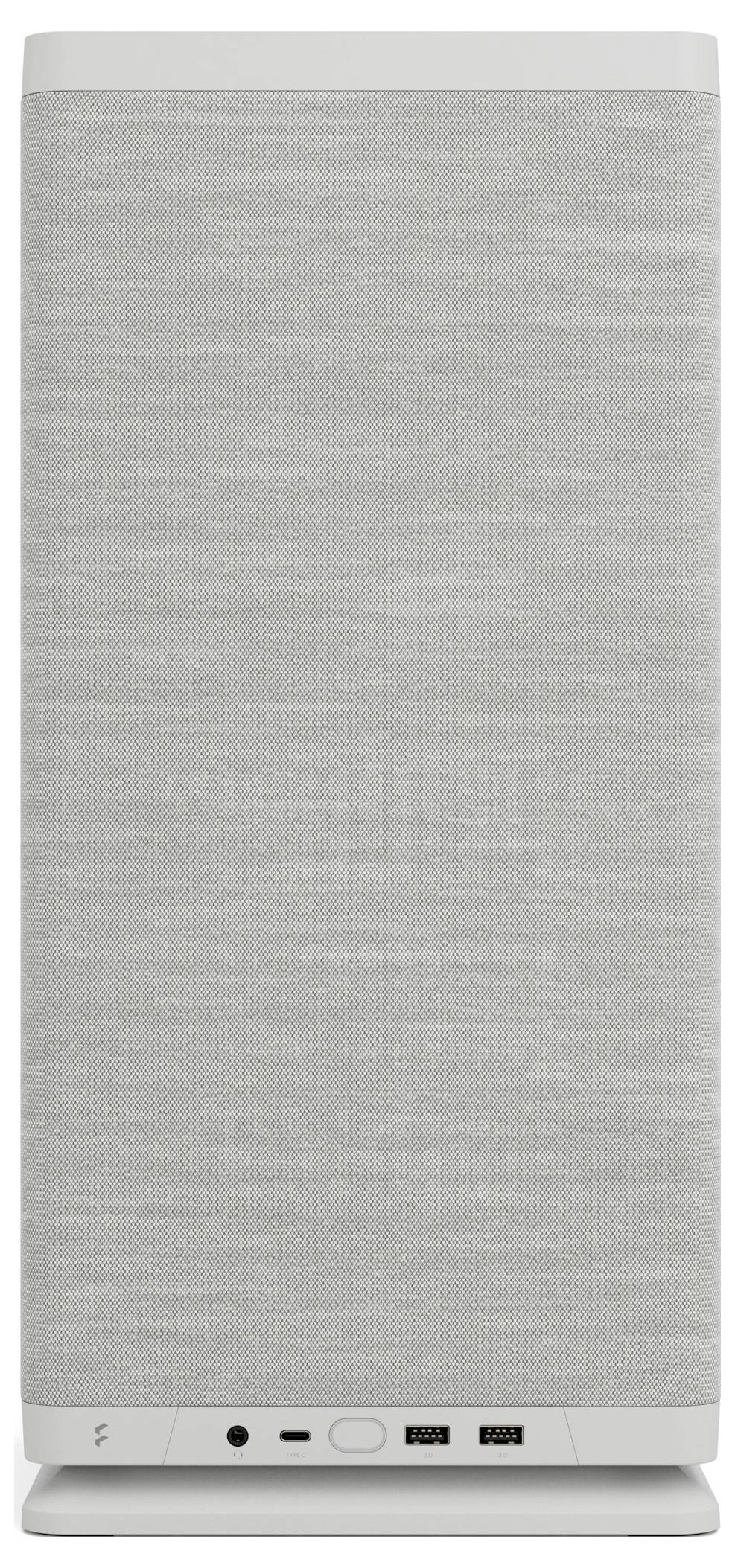 Un haut-parleur gris rectangulaire recouvert de tissu. À l'avant se trouvent des connexions et des commandes.