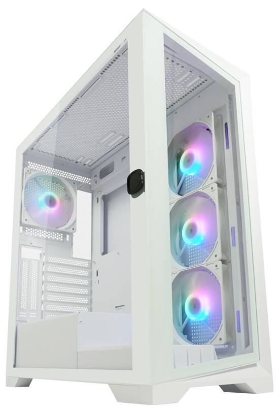 Boîtier d'ordinateur blanc avec fenêtre latérale et trois ventilateurs RGB lumineux visibles ; design moderne et élégant.