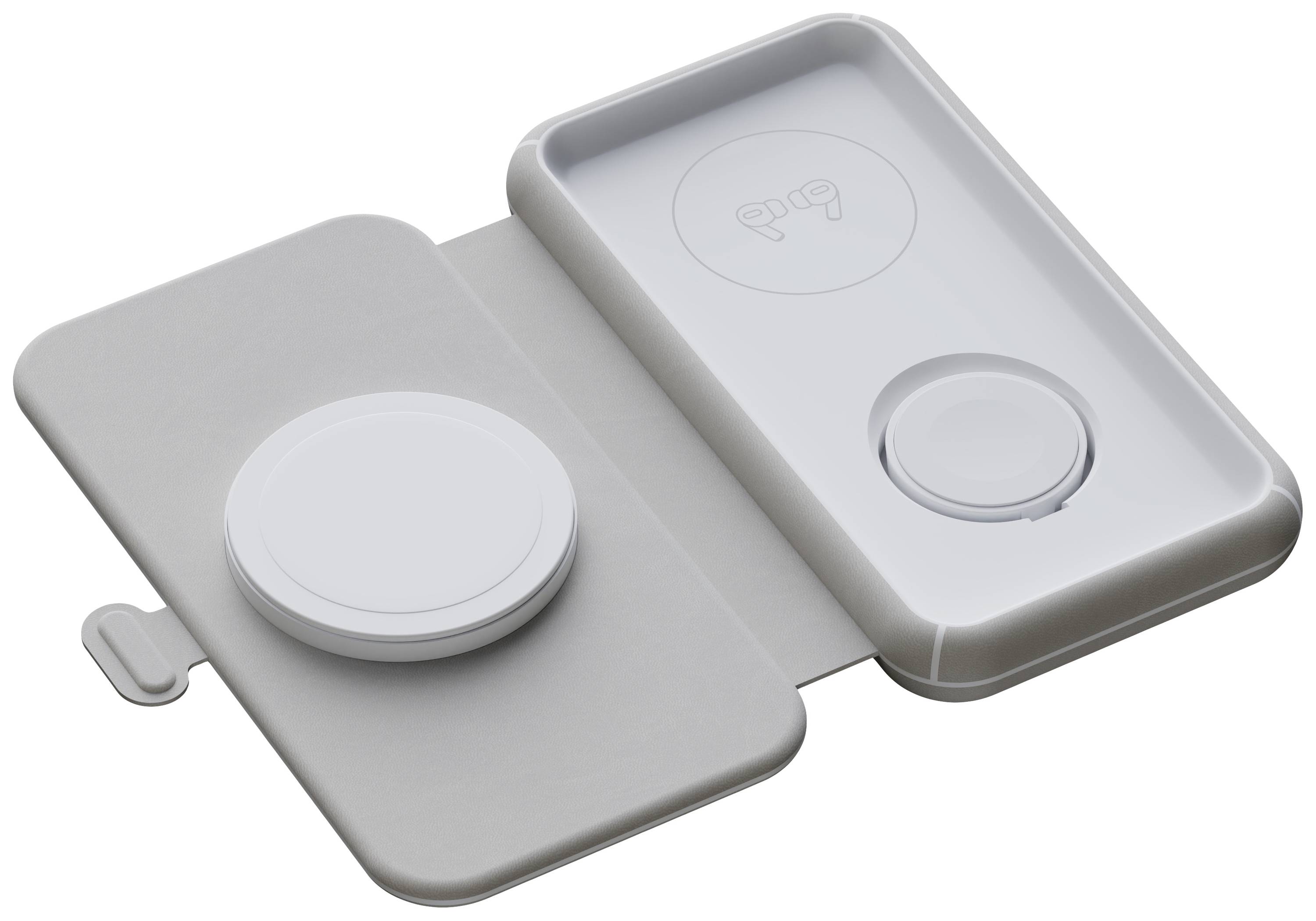 Chargeur sans fil à design pliable, déplié avec deux zones de charge, adapté pour recharger simultanément plusieurs appareils.