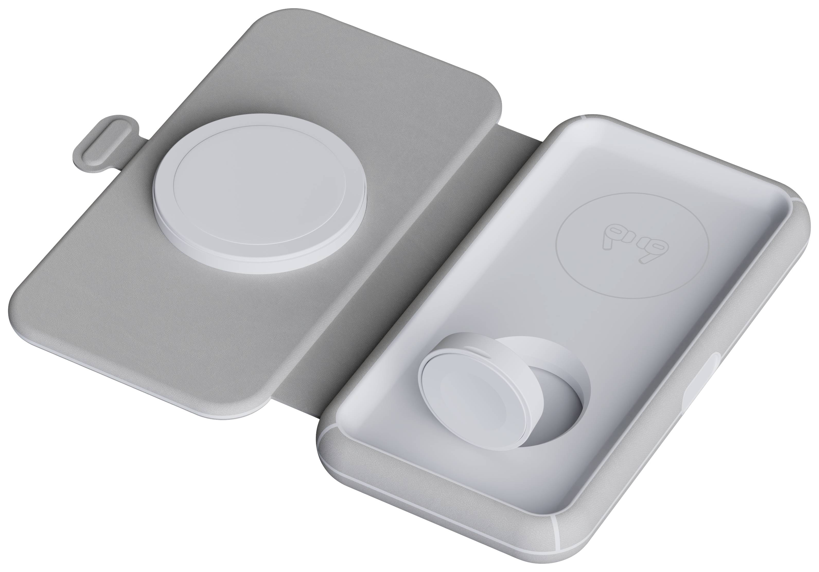 Un objet magnétique gris et blanc composé de deux éléments circulaires plans, représenté ouvert sur une surface grise.
