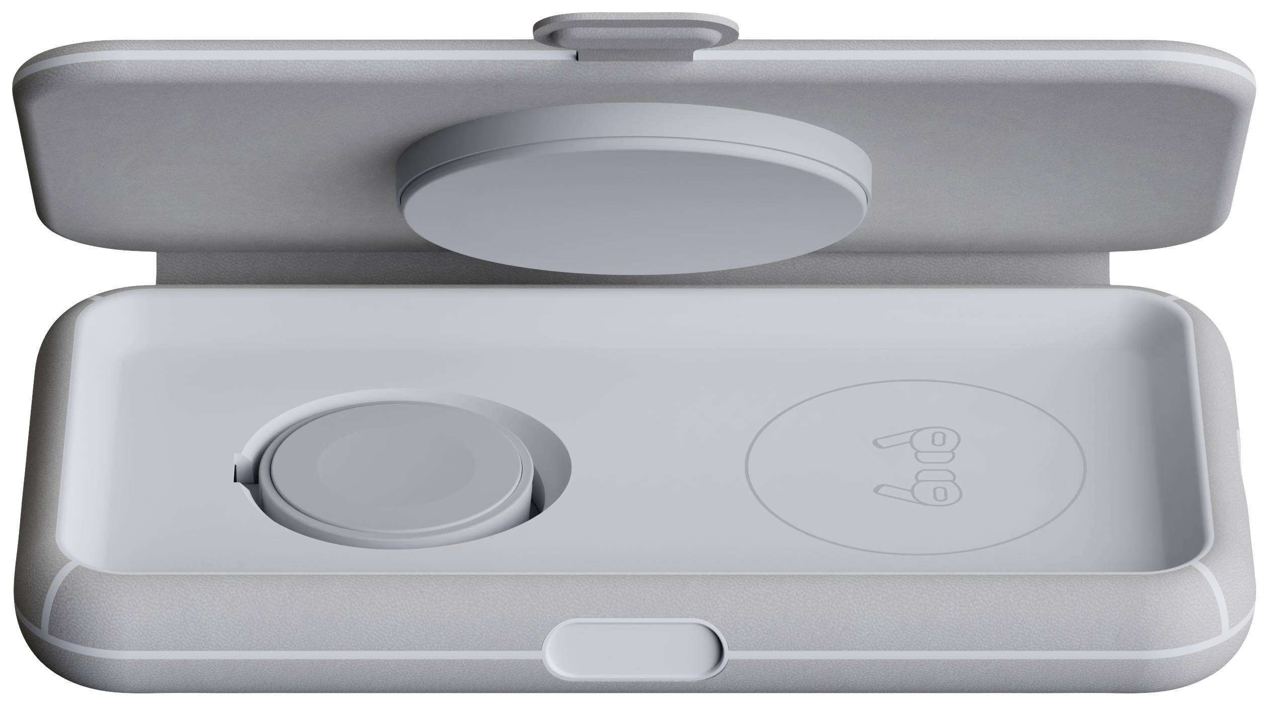 Boîte ouverte contenant un objet rond sur le couvercle, compatible avec un support de produit réutilisable en dessous.
