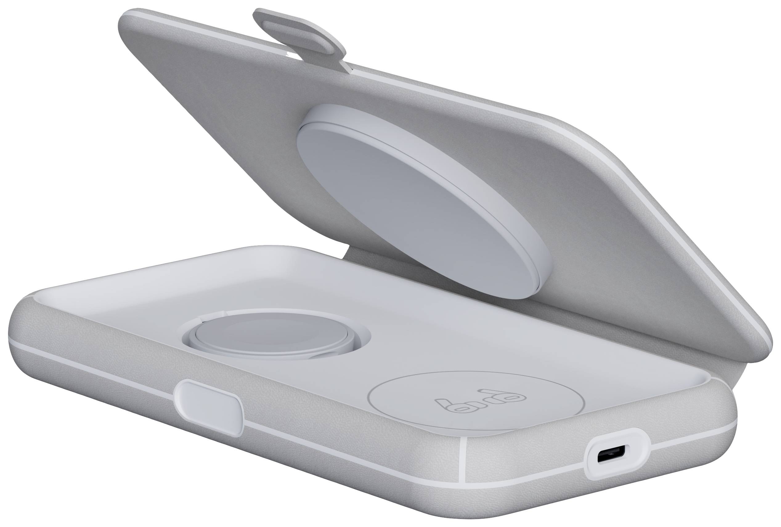 Boîte de charge ouverte blanche sans fil avec un pad de charge ovale et un couvercle rabattable ; connecteur pour câble USB visible sur le côté.