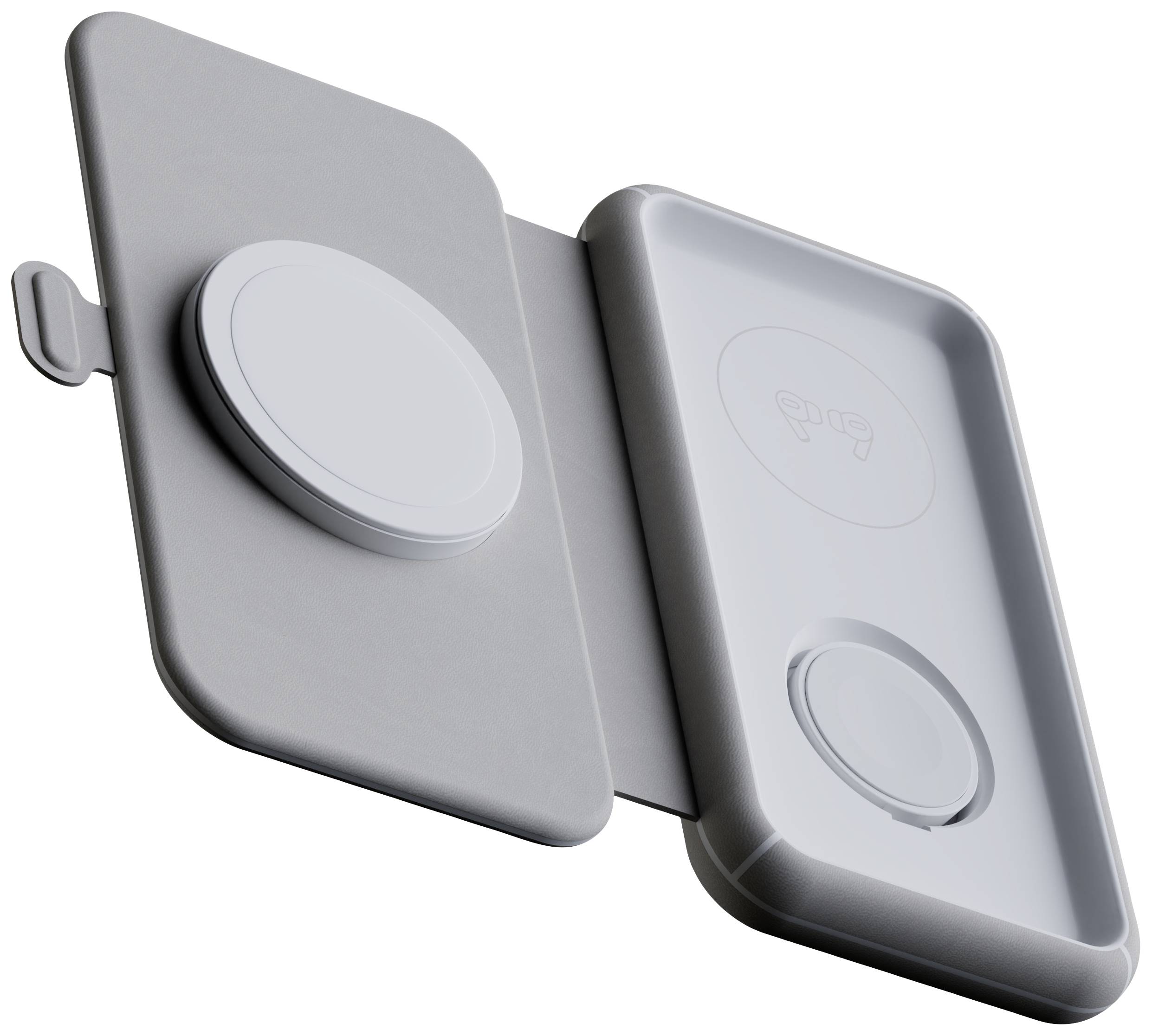 Chargeur portable et pliable avec deux stations de charge, l'une pour un smartphone et l'autre pour une montre connectée.