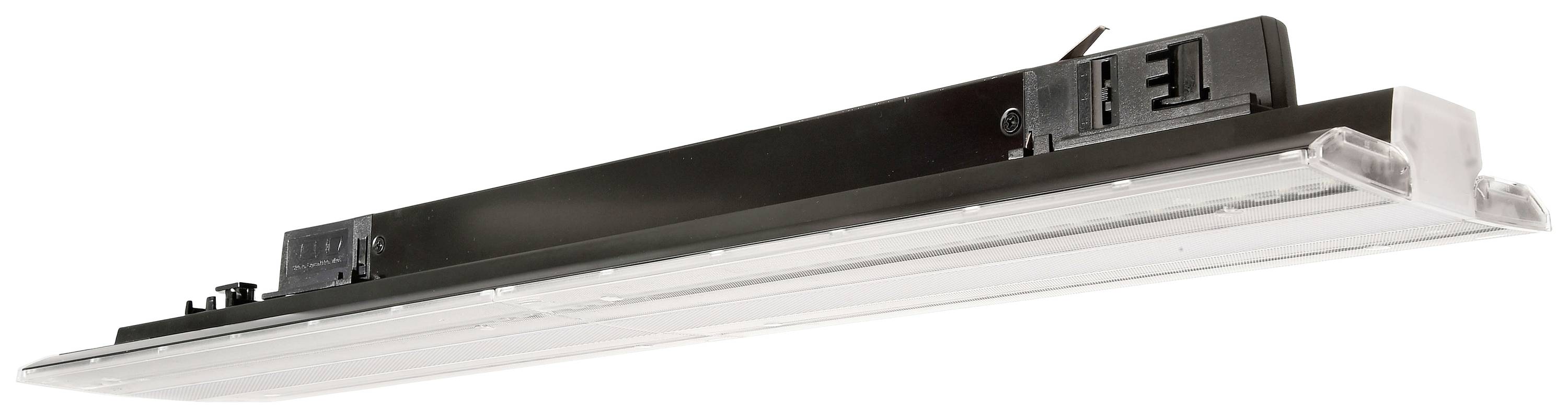 Luminaire LED industriel à boîtier noir et couverture transparente, adapté aux entrepôts ou aux usines.