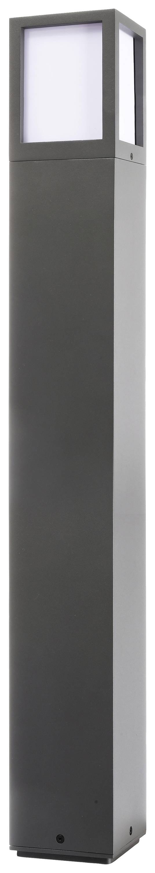 Luminaire extérieur gris, haut et carré, avec un panneau lumineux positionné en haut. Convient à l'éclairage des chemins ou des jardins.