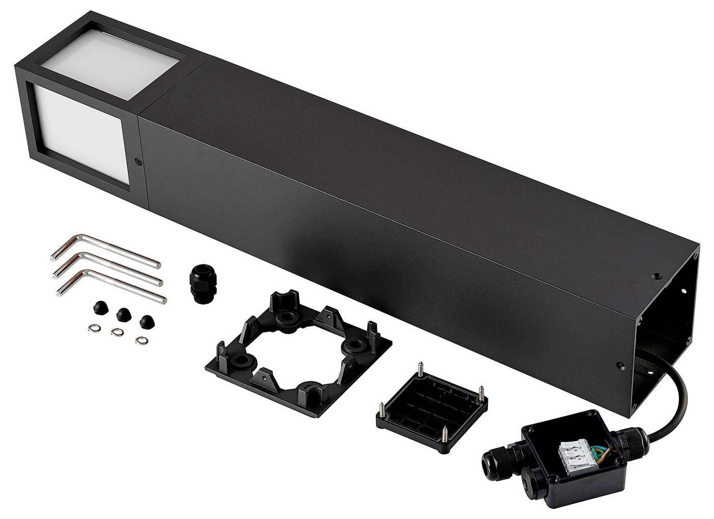 Luminaire d'extérieur rectangulaire noir, présenté avec son support de fixation, ses vis, ses connecteurs et ses composants de câblage fournis.