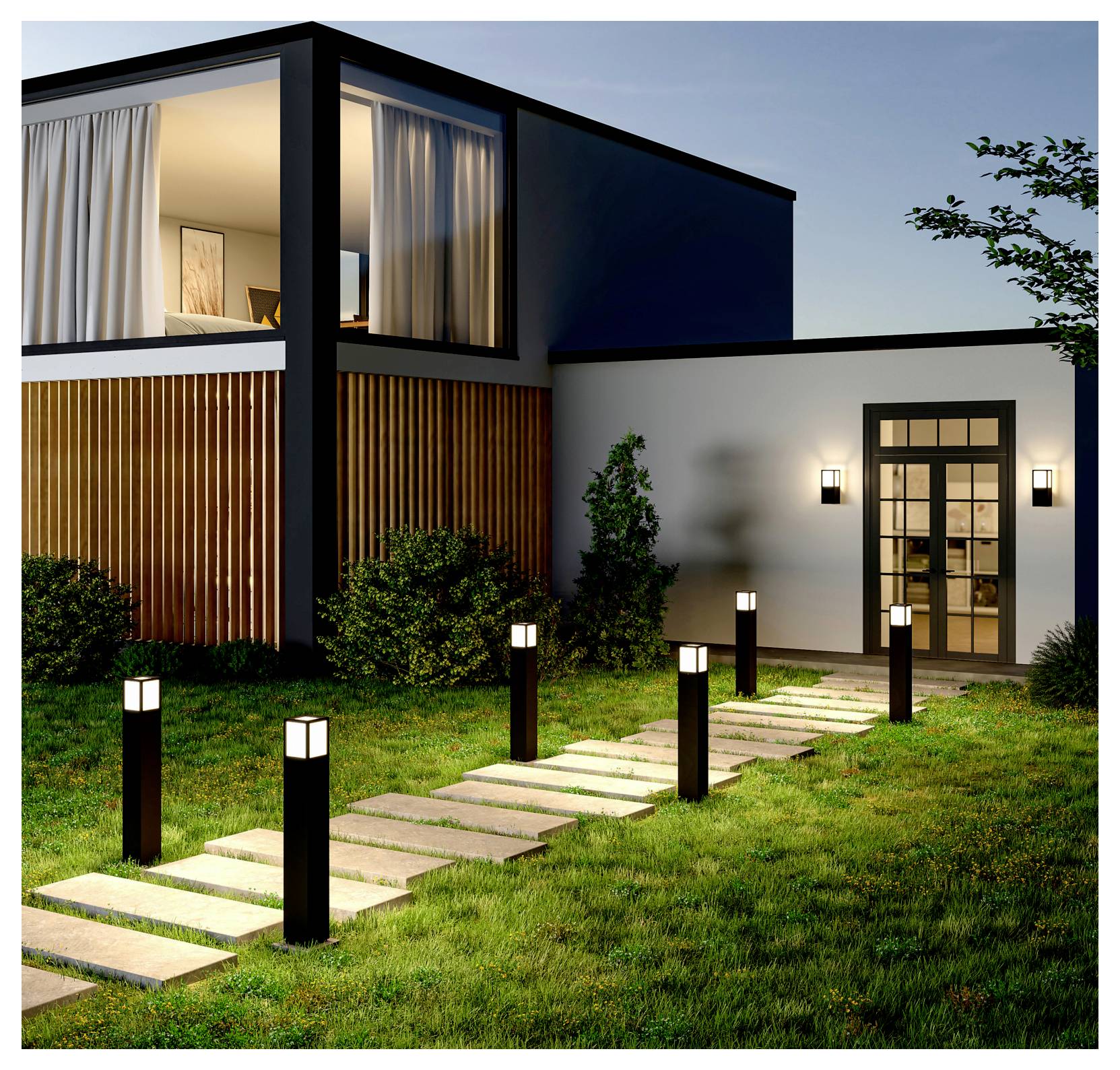 Façade d'une maison moderne à deux étages au crépuscule, avec des lampes éclairant l'allée, un chemin en pierre, une pelouse et une porte d'entrée lumineuse.