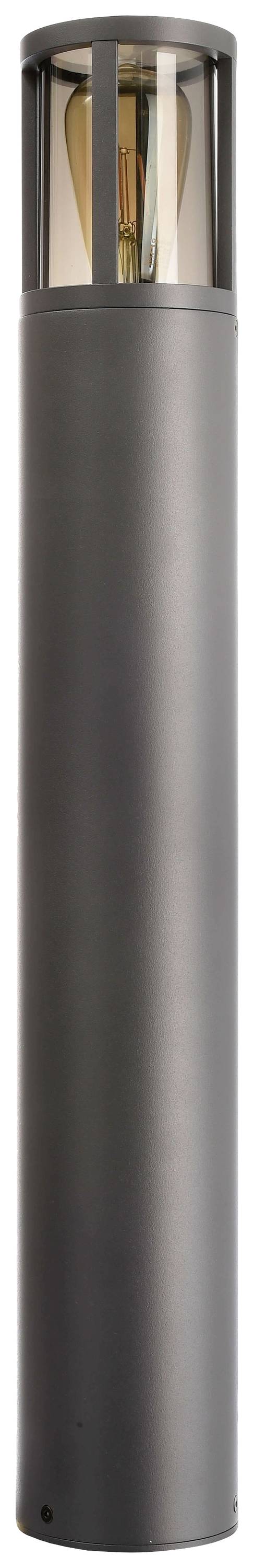 Un luminaire extérieur cylindrique moderne de couleur sombre, avec un élément d'ampoule apparent en haut.