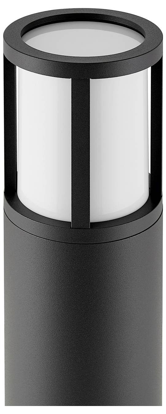 Luminaire d'extérieur cylindrique noir avec un dessus en verre dépoli et un support central vertical.