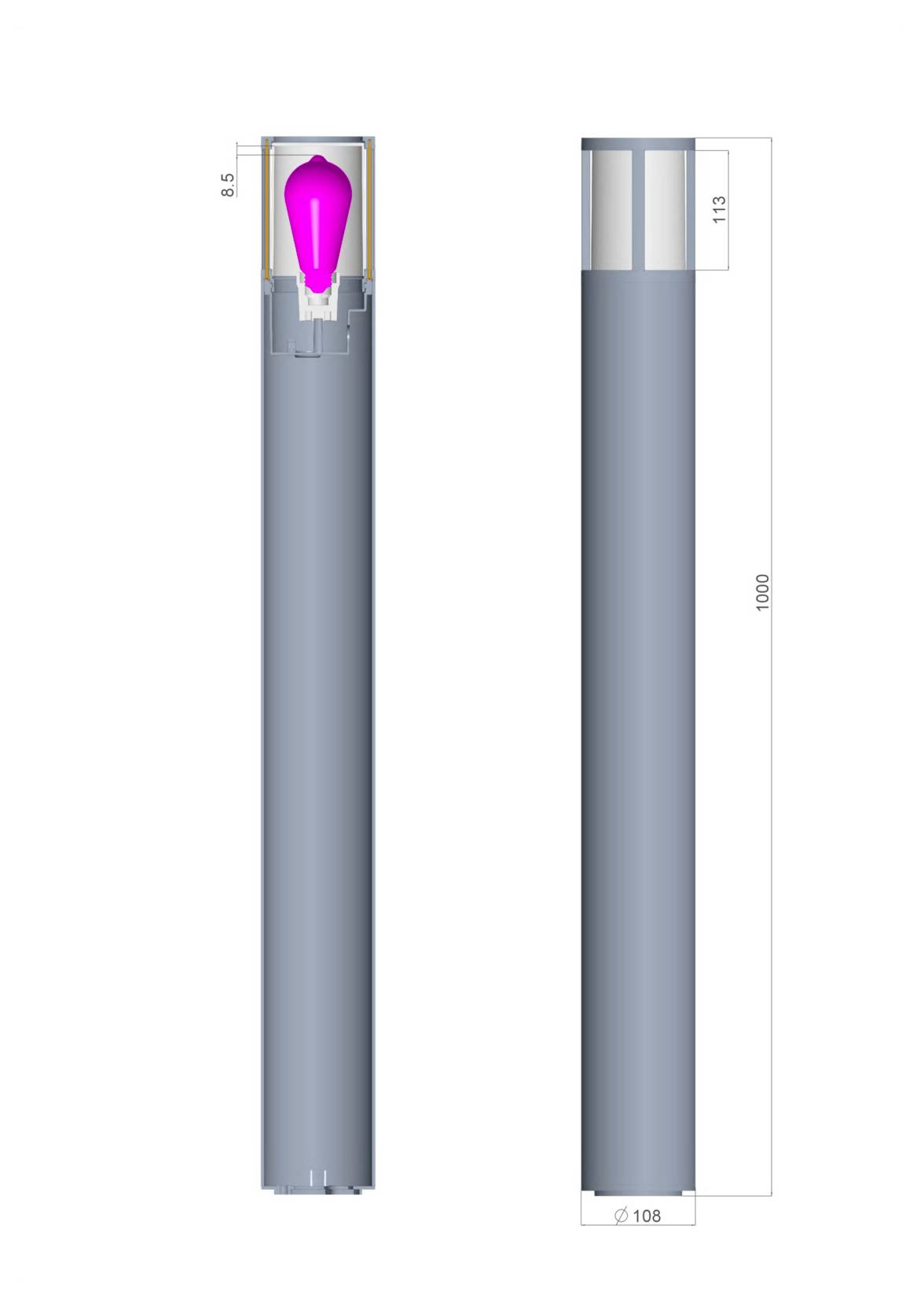 Dessin technique d'un composant métallique cylindrique et haut, représenté en vues de face et de côté, avec un détail interne supérieur mis en évidence et des cotes indiquant 113 et 1000.
