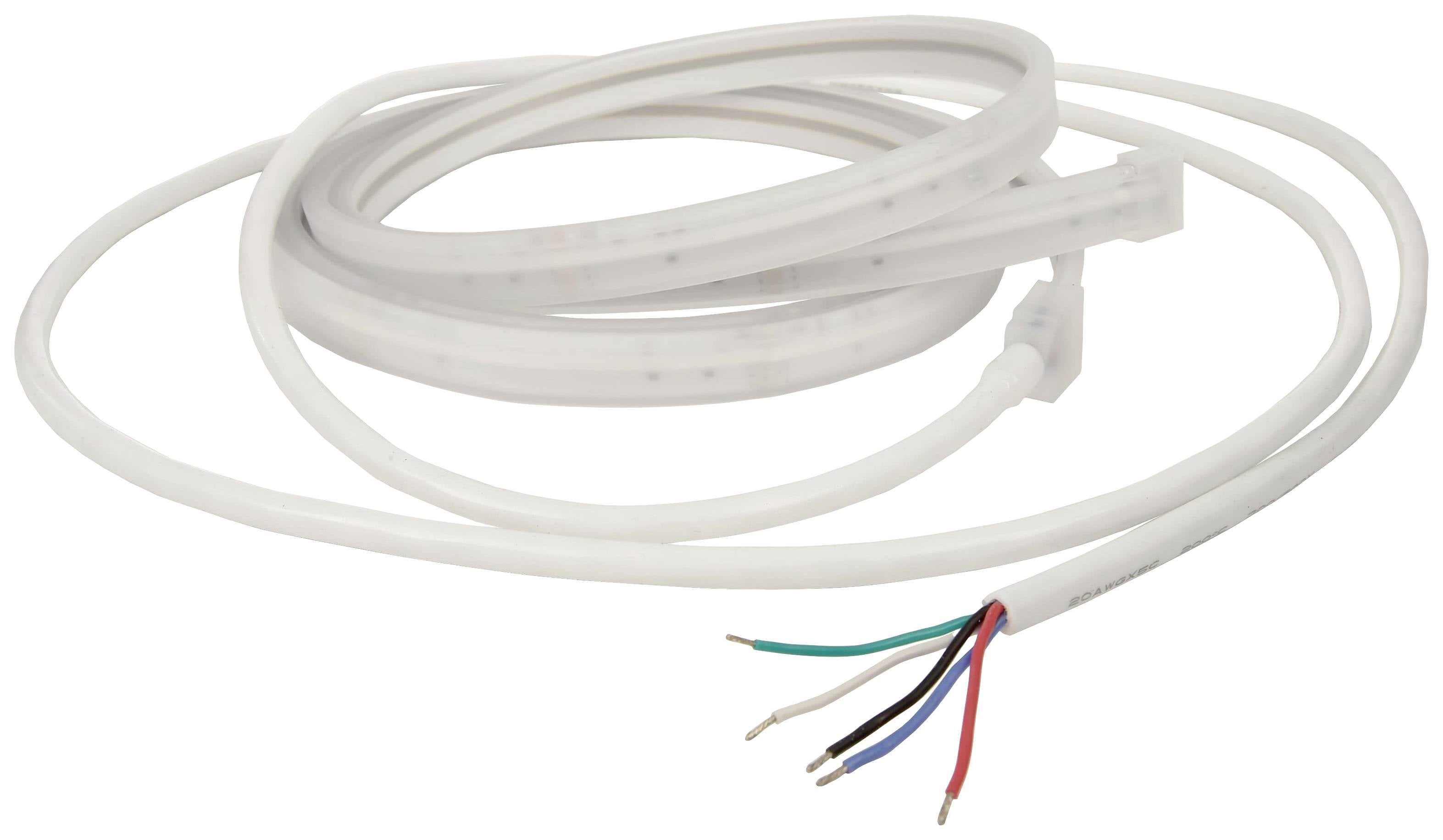Une bande LED enroulée avec des fils apparents luisant en rouge, bleu, vert et marron à son extrémité.