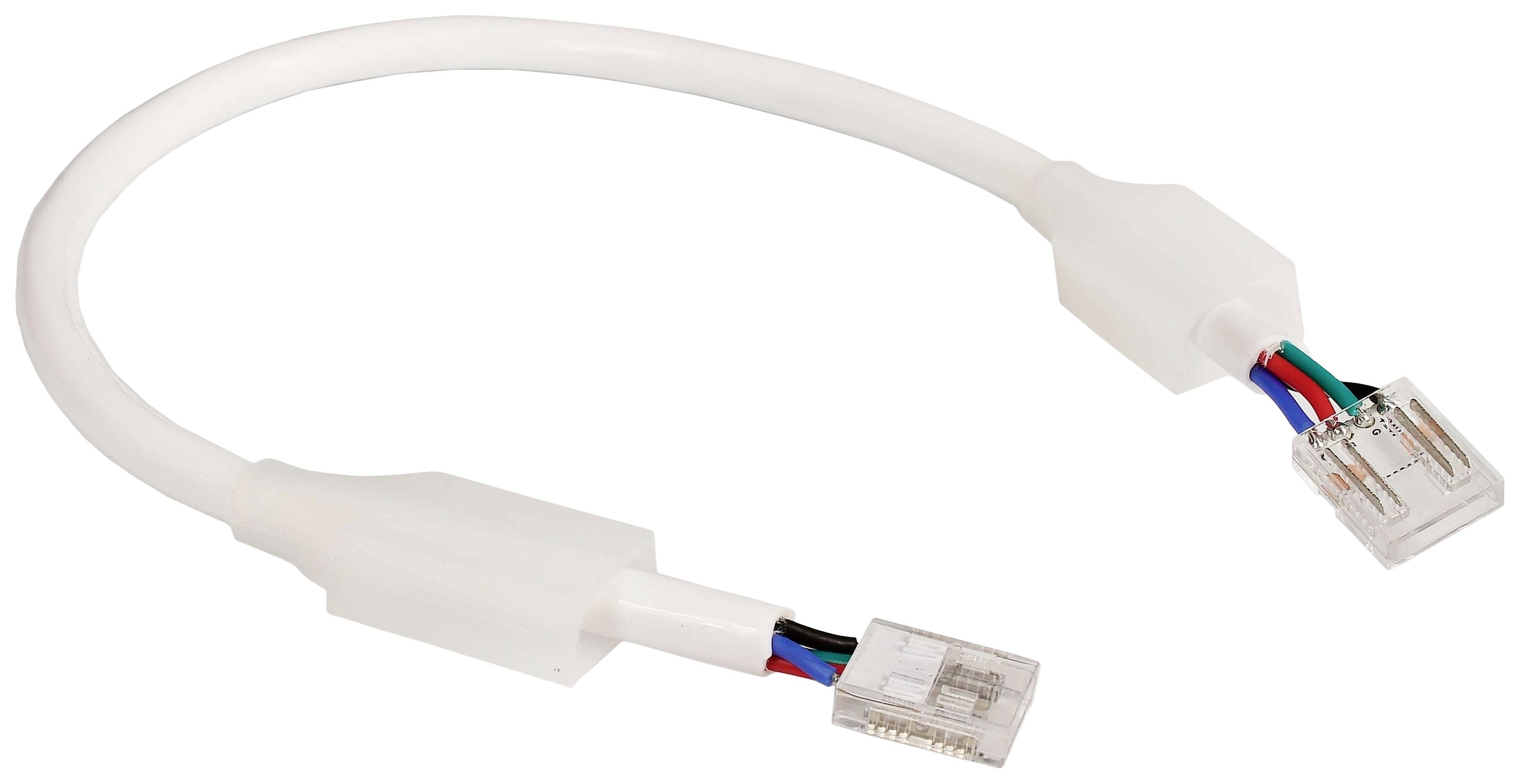 Ligne téléphonique blanche avec des fiches transparentes aux deux extrémités, montrant des câbles colorés à l'intérieur.