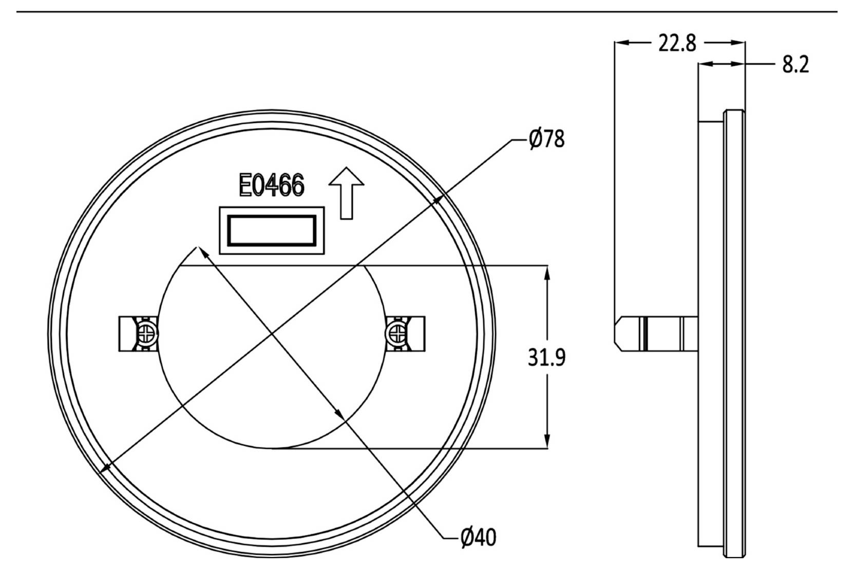 Dessin technique d'un dispositif rond montrant les vues de face et de côté avec les cotes Ø78, Ø40, 31.9, 22.8 et 8.2, repérées « E0466 ».