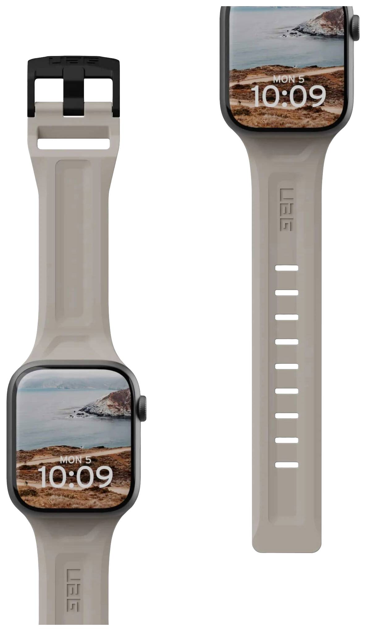 Bracelet de montre beige sur une montre connectée moderne avec un arrière-plan de paysage côtier. Affichage de l'heure '10:09' et affichage du jour 'Lun 5'.