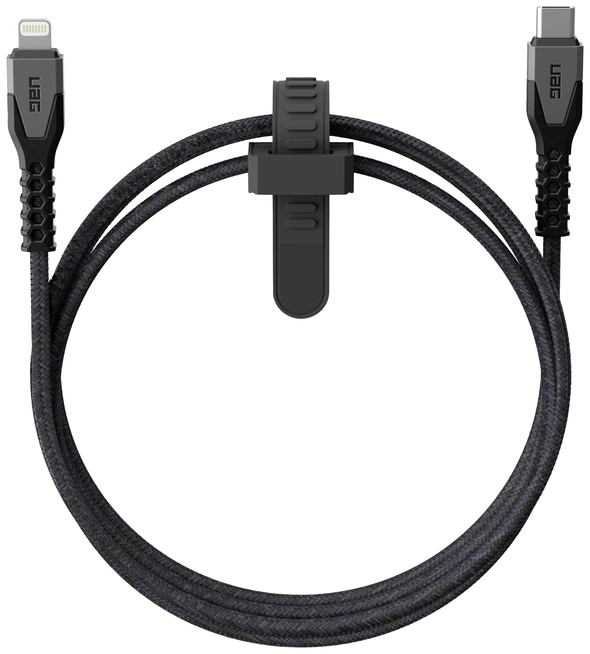 Un câble USB noir avec des connecteurs Lightning et USB-C, doté d'une boucle de gestion de câble au milieu.