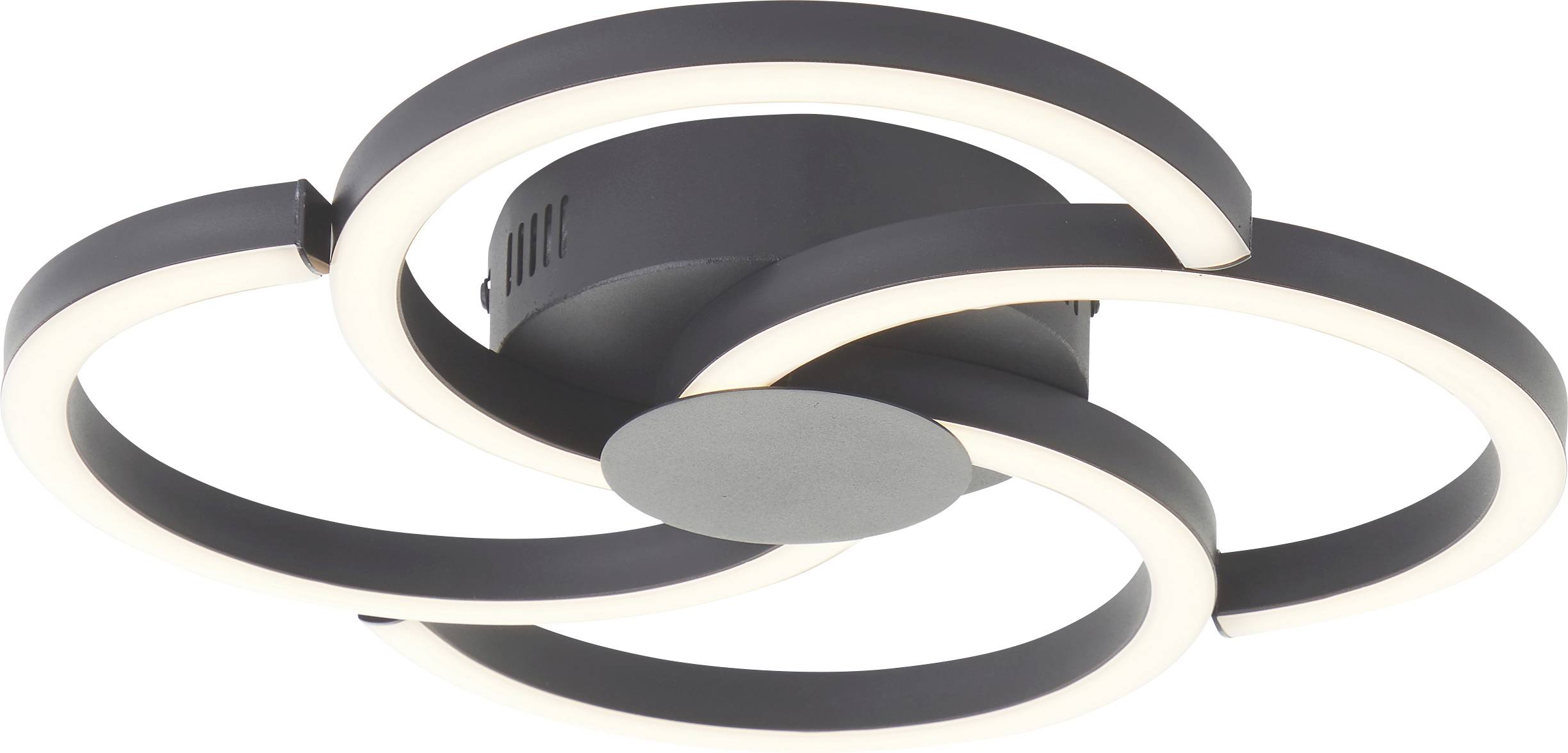 Lampadaire moderne avec quatre anneaux lumineux s'imbriquant les uns dans les autres, dans un design minimaliste noir.