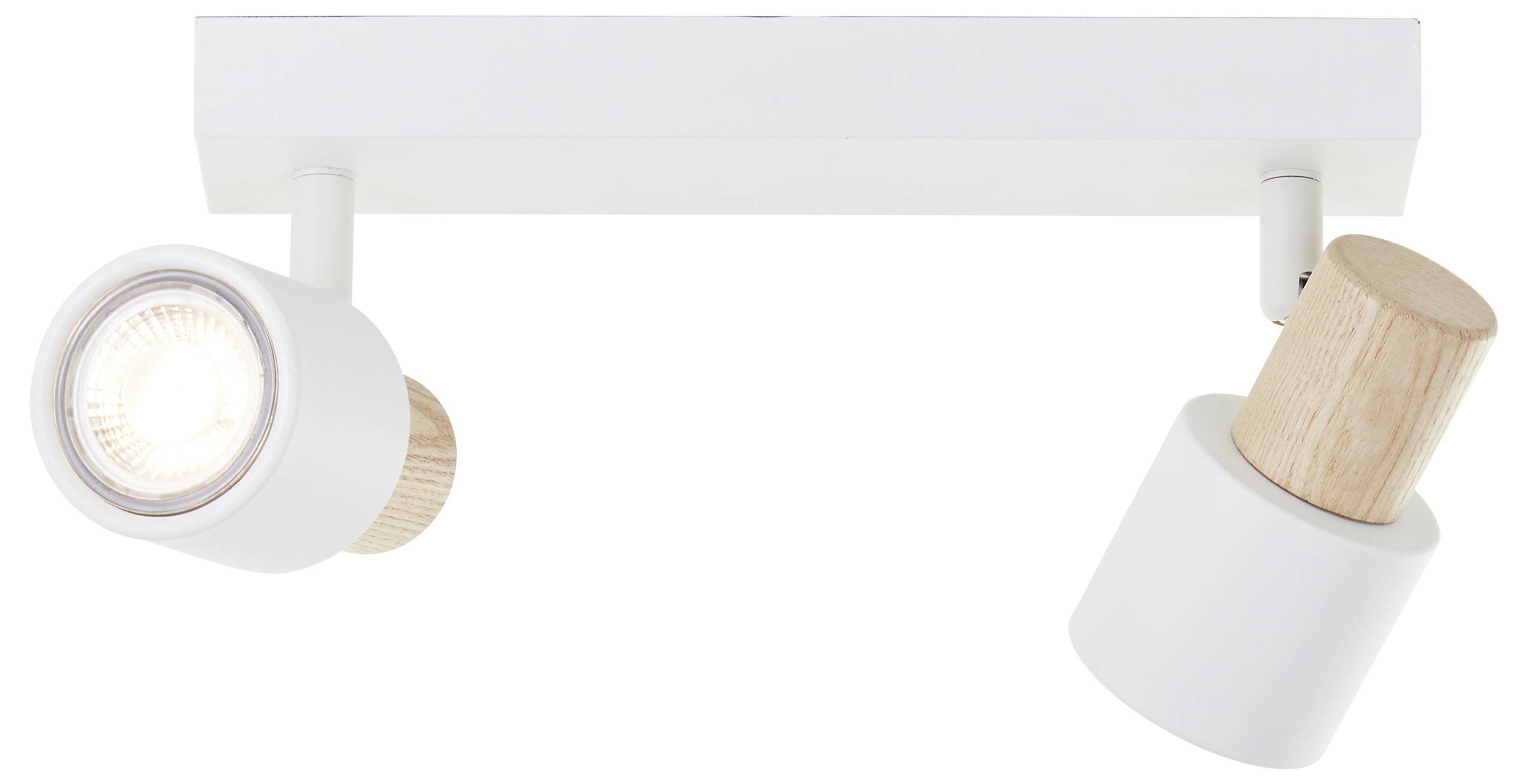 Deux projecteurs blancs au plafond munis d'éléments en bois sur une base rectangulaire, l'un est allumé, l'autre est éteint.