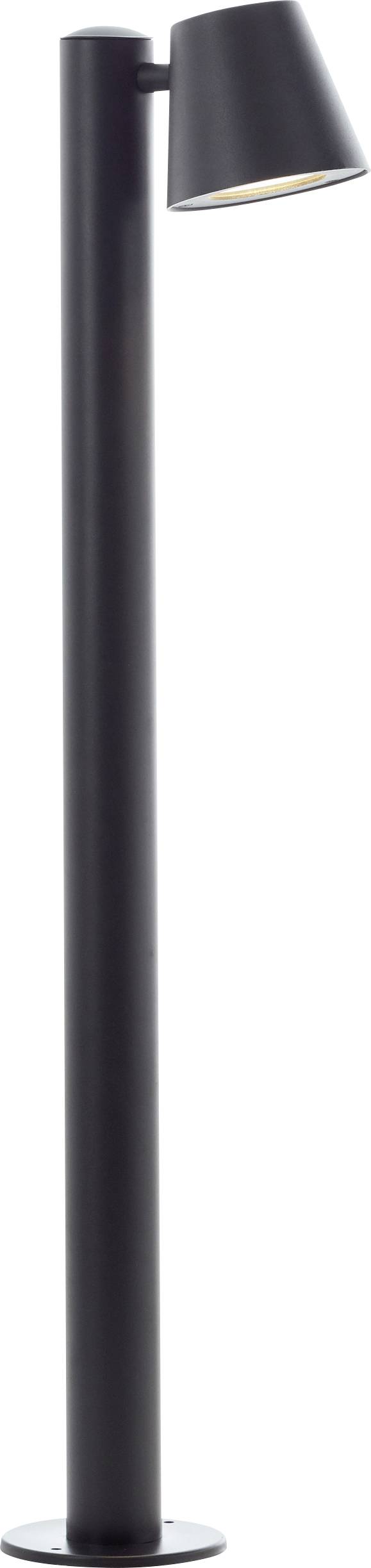 Une lampe sur pied moderne, noire, avec une tige cylindrique fine et un abat-jour légèrement incliné au sommet.