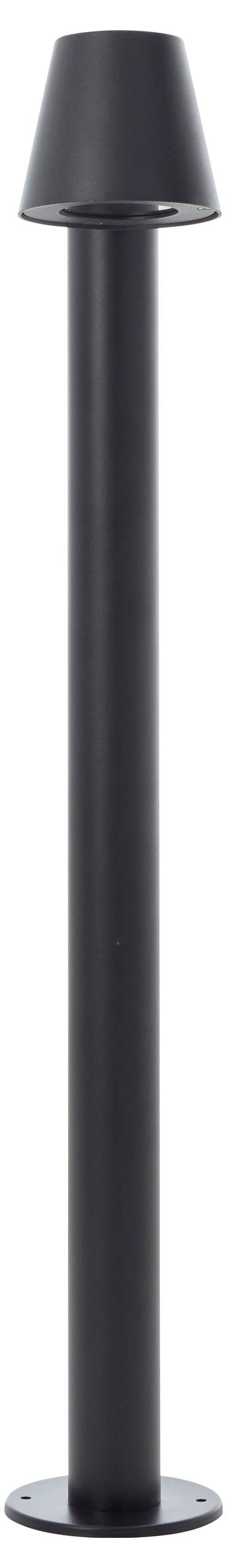 Lampadaire extérieur noir au design élancé et moderne, avec une tête conique reposant sur un socle circulaire. Idéal pour l'éclairage de jardin ou de chemin.