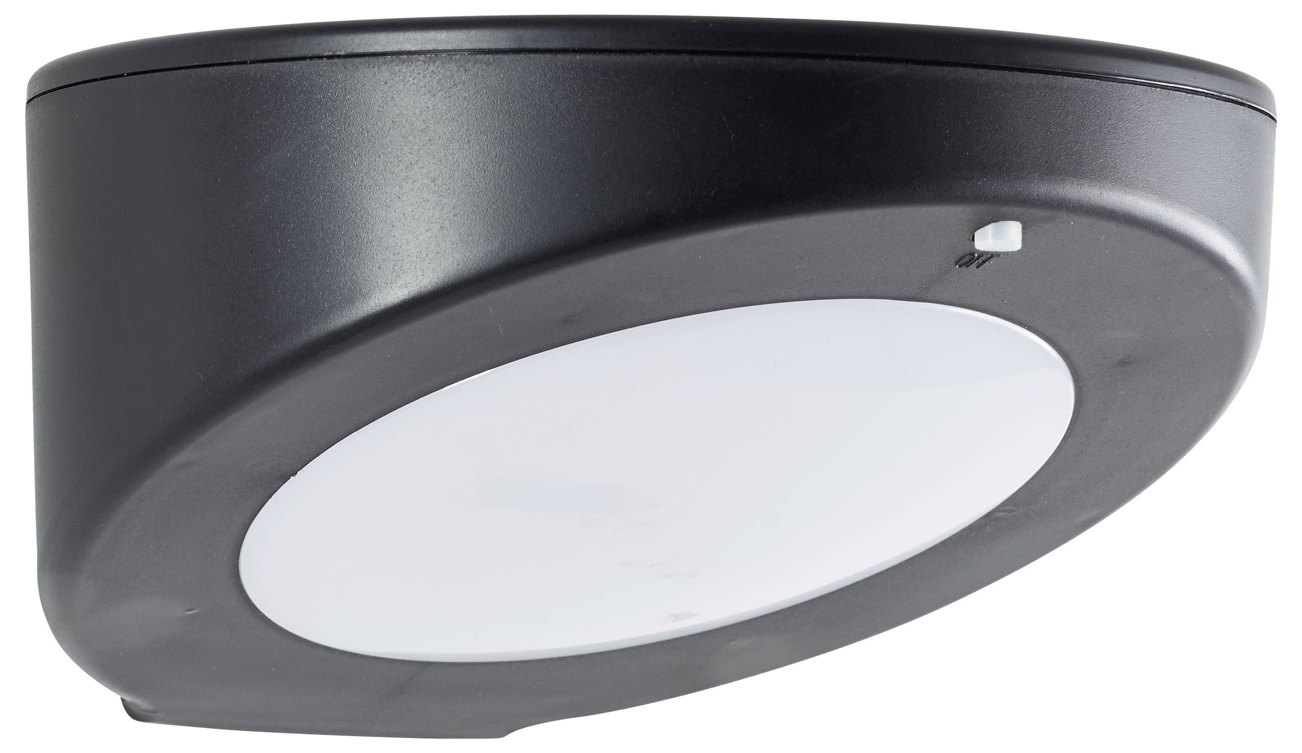 Plafonnier noir ovale avec diffuseur circulaire blanc et petit interrupteur sur le côté. Adapté pour l'éclairage intérieur.