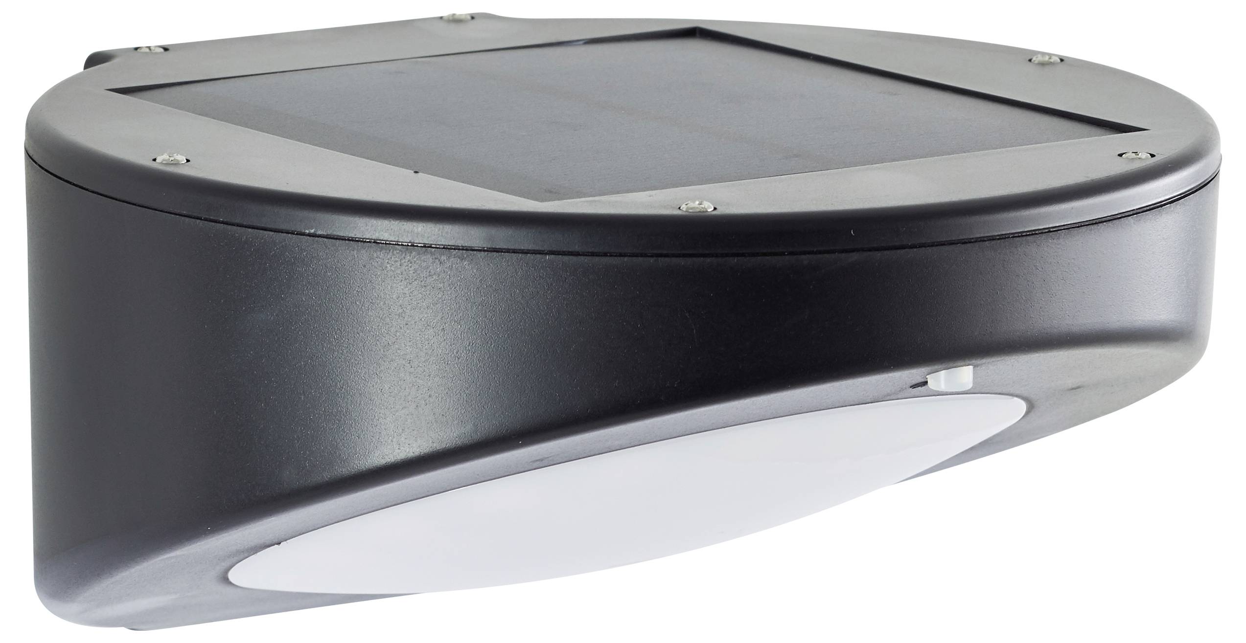 Une lampe solaire ovale noire pour montage mural, avec un panneau solaire intégré en haut et une zone éclairante blanche en bas.