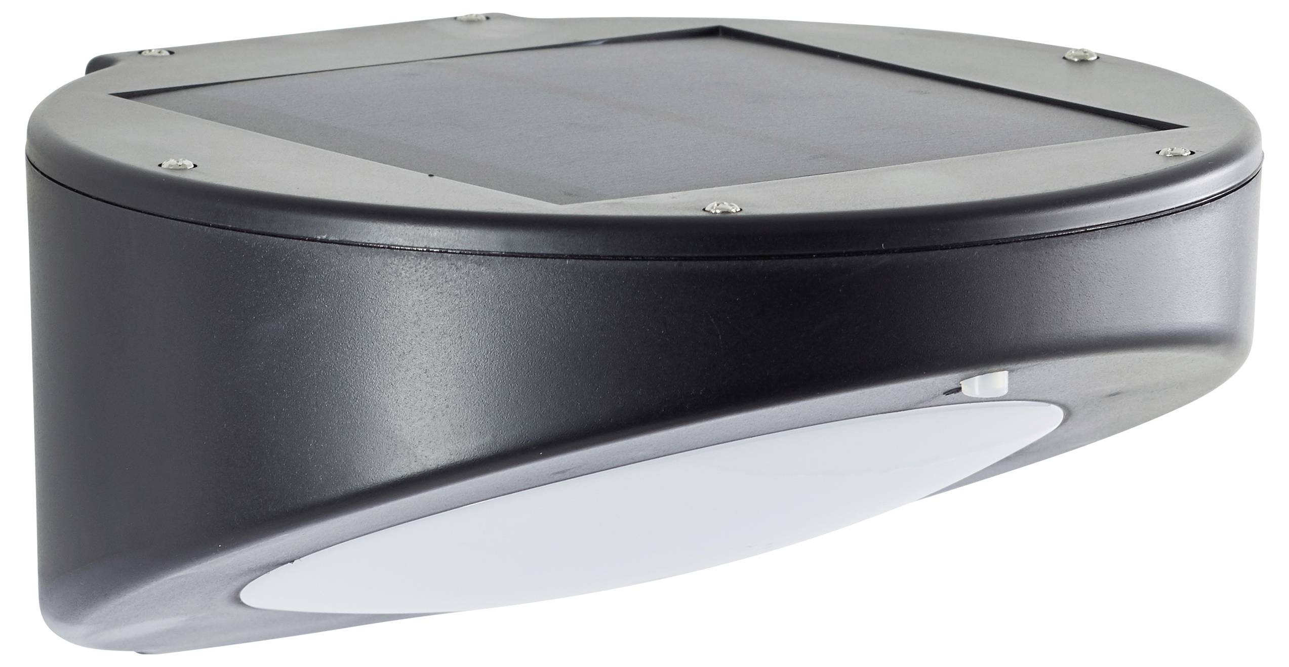 Une lampe solaire noire et arrondie pour une utilisation extérieure, avec un diffuseur blanc en bas et un panneau solaire en haut.