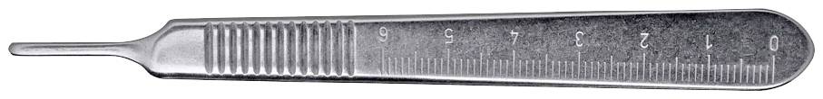 Un scalpel métallique avec manche et lame, des petites marques étant gravées sur le manche.