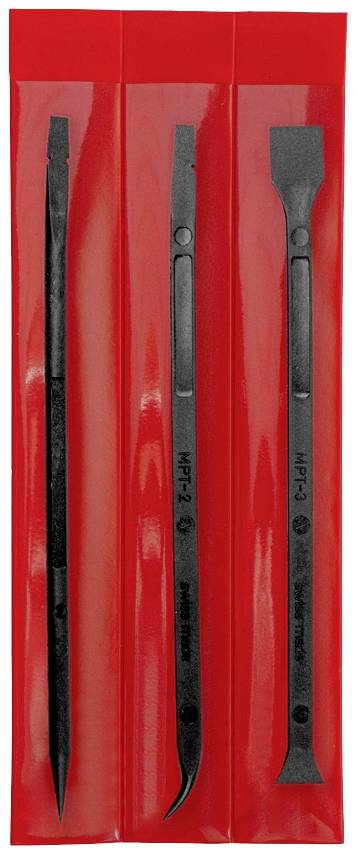 Trois outils en plastique noir dans un emballage rouge, chacun avec un embout différent : plat, courbé et pointu.