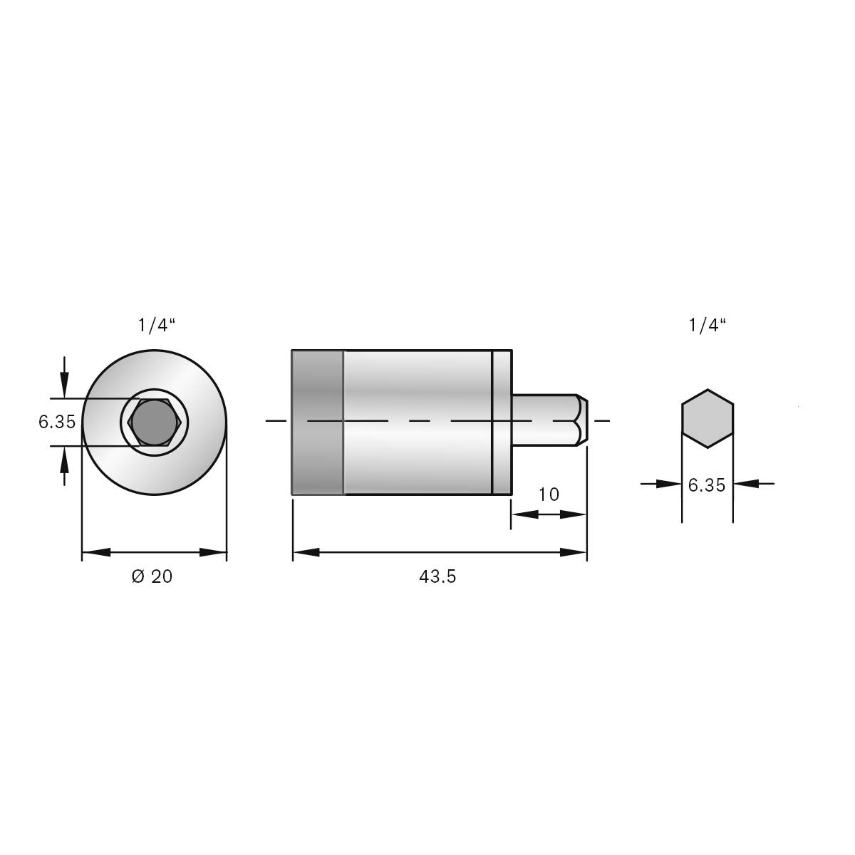 Dessin technique d'un adaptateur cylindrique. Dimensions : diamètre 20 mm, longueur 43,5 mm, hexagone 6,35 mm, largeur totale 10 mm.