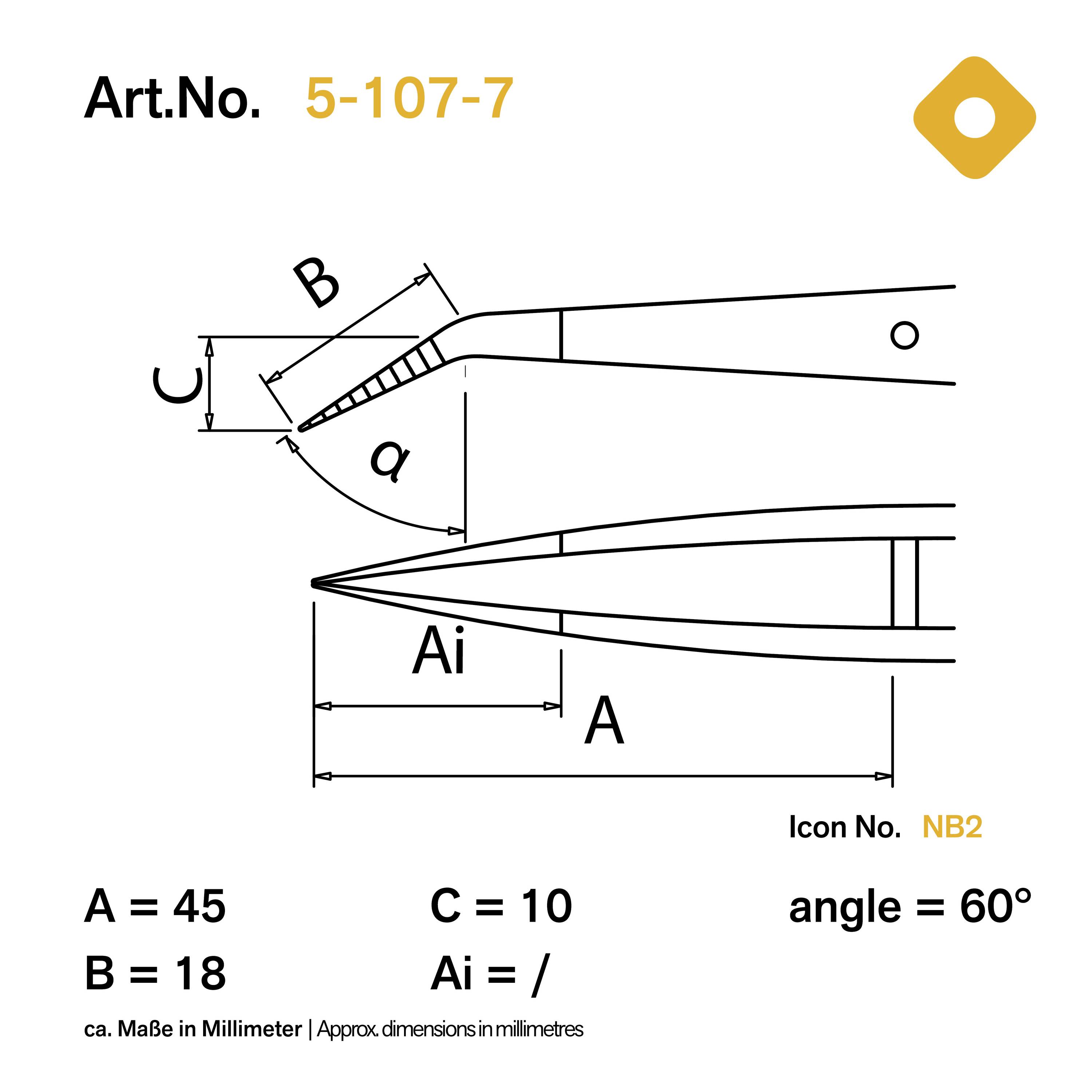 'Diagramme d'un instrument technique avec dimensions : A = 45 mm, B = 18 mm, C = 10 mm. Angle = 60°. Icône n° NB2. Dimensions en millimètres.'