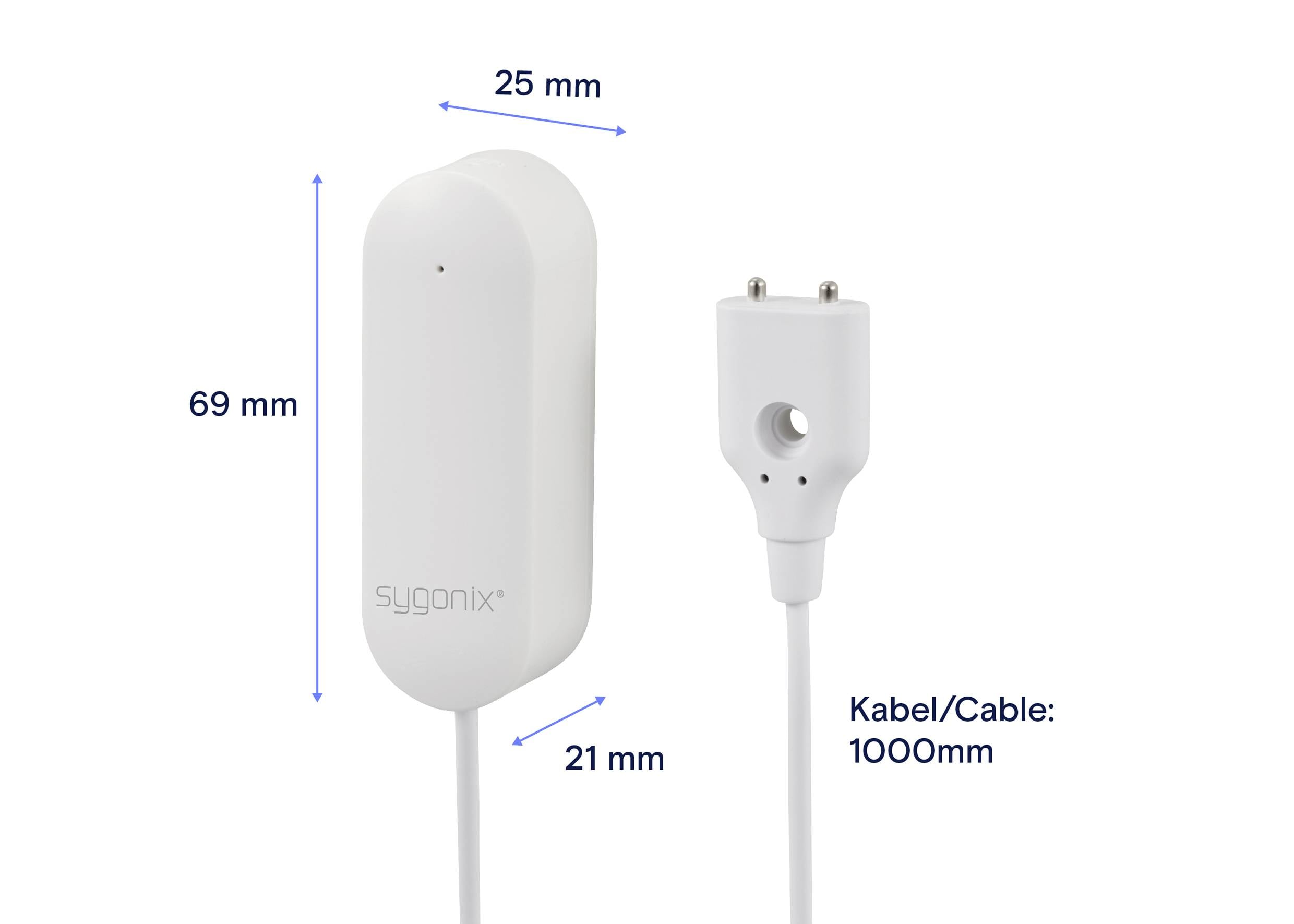 Un capteur blanc de la marque Sygonix mesurant 69 mm x 25 mm x 21 mm. Le câble est long de 1000 mm.
