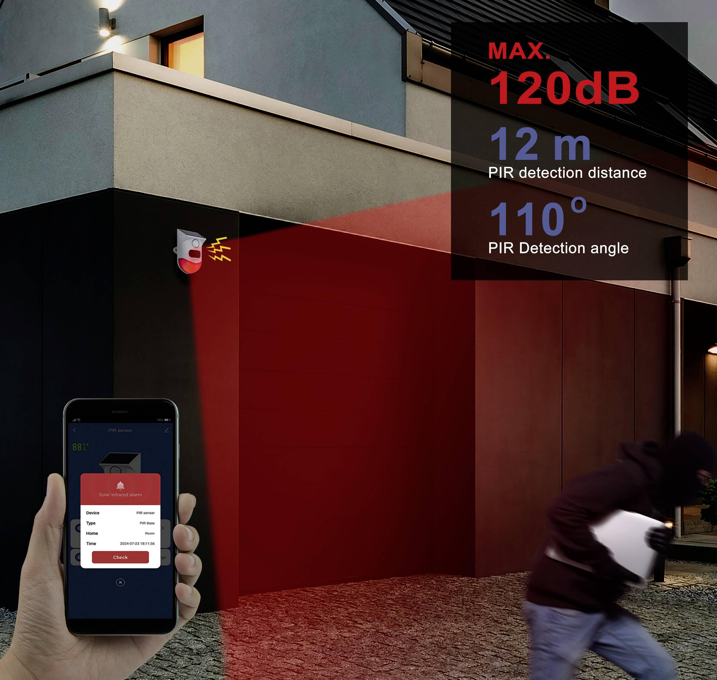 Système de sécurité avec détecteur de mouvement, activé en cas d'intrusion. Alarme de 120 dB, portée de détection jusqu'à 12 m, angle de détection de 110°.